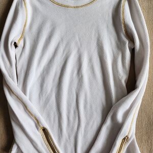 Free People White Long Sleeve Top with Gold Trim